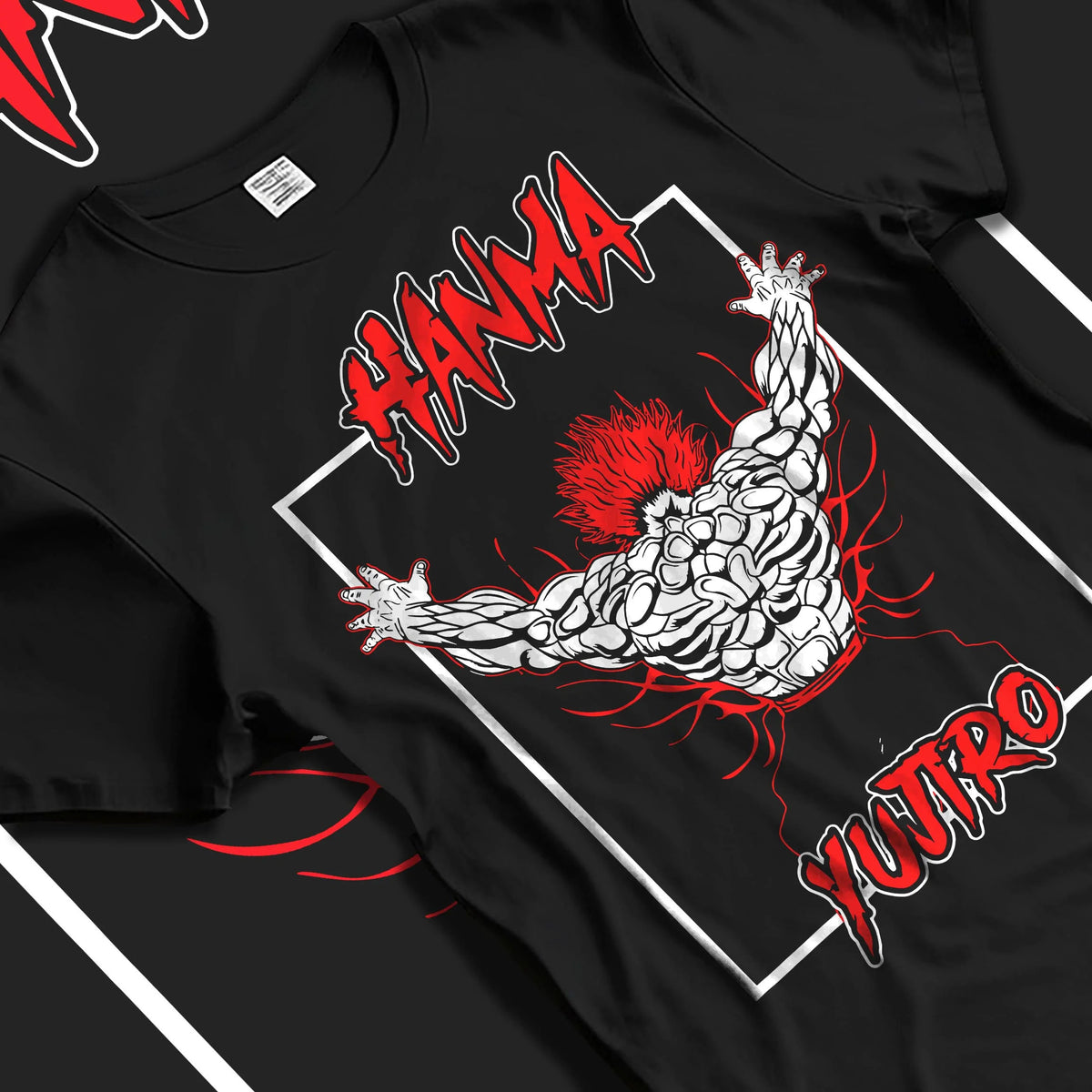 Black T-shirt laid flat with natural folds featuring Yujiro Hanma demon back Baki artwork.