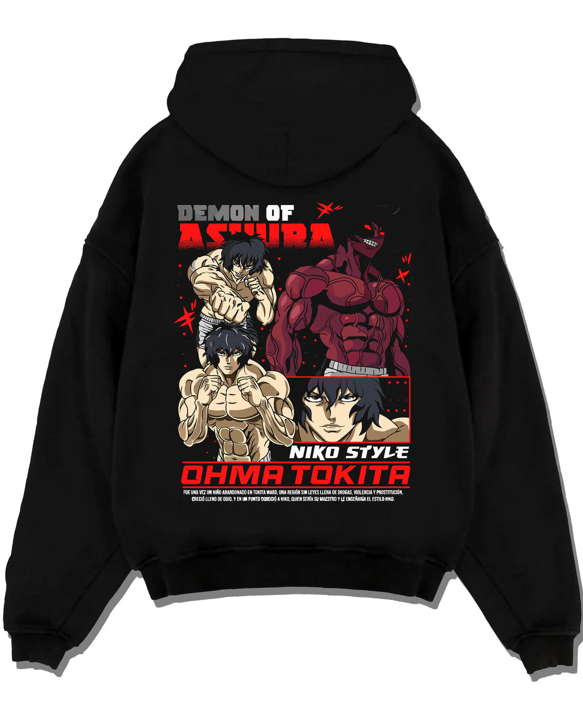 Black hoodie laid flat featuring Ohma Tokita Niko Style Kengan Ashura artwork.