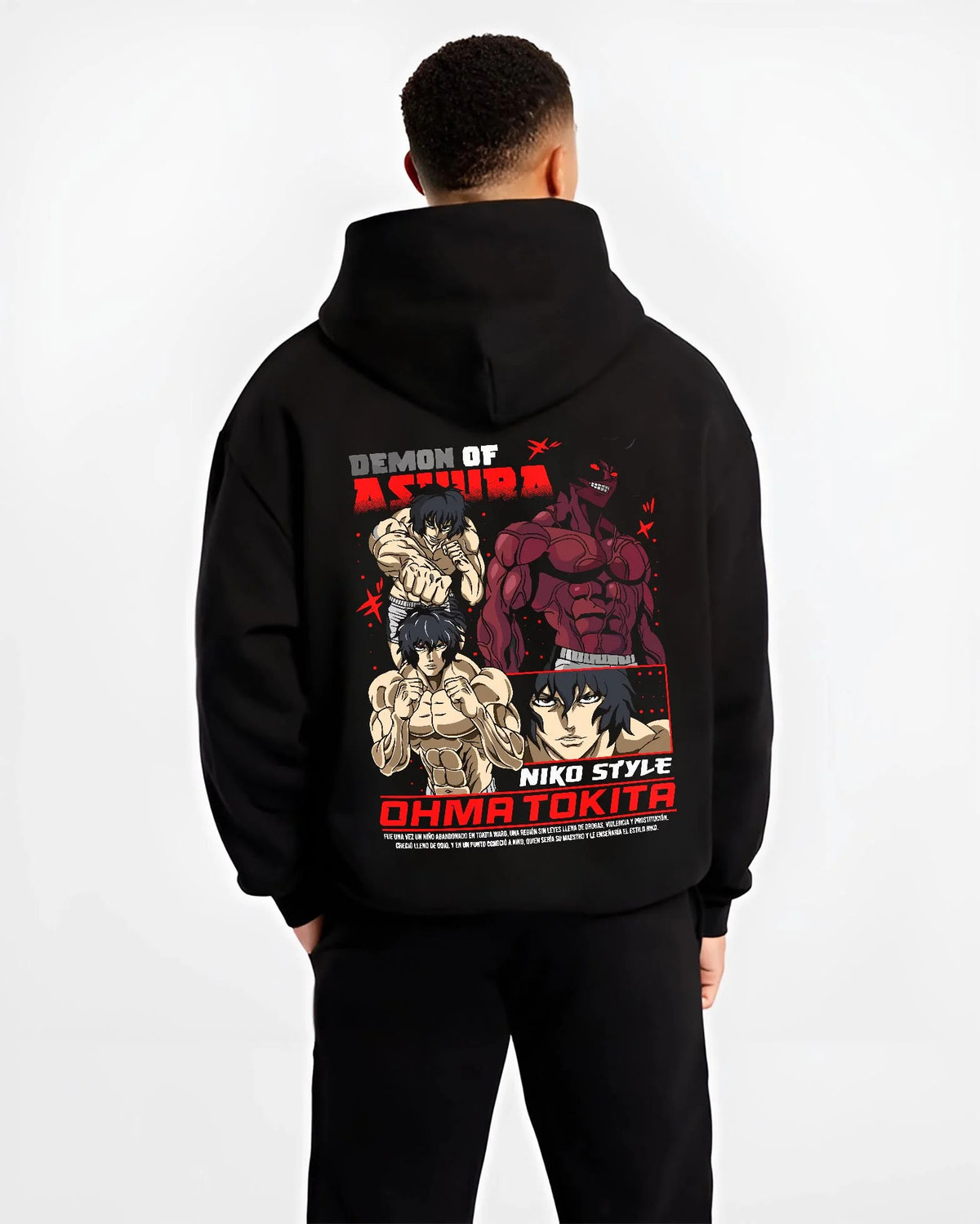 Black hoodie worn by male model from the back featuring Ohma Tokita Niko Style Kengan Ashura artwork.