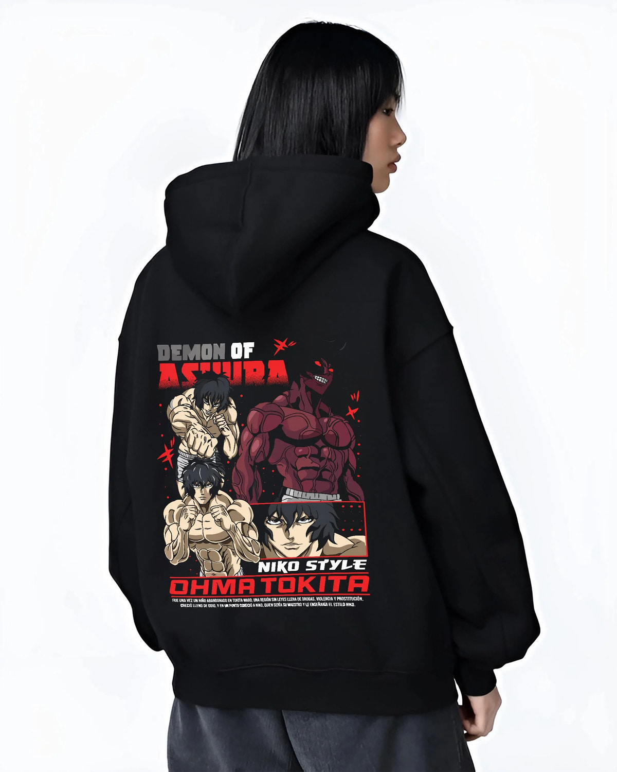 Black hoodie worn by female model from the back featuring Ohma Tokita Niko Style Kengan Ashura artwork.