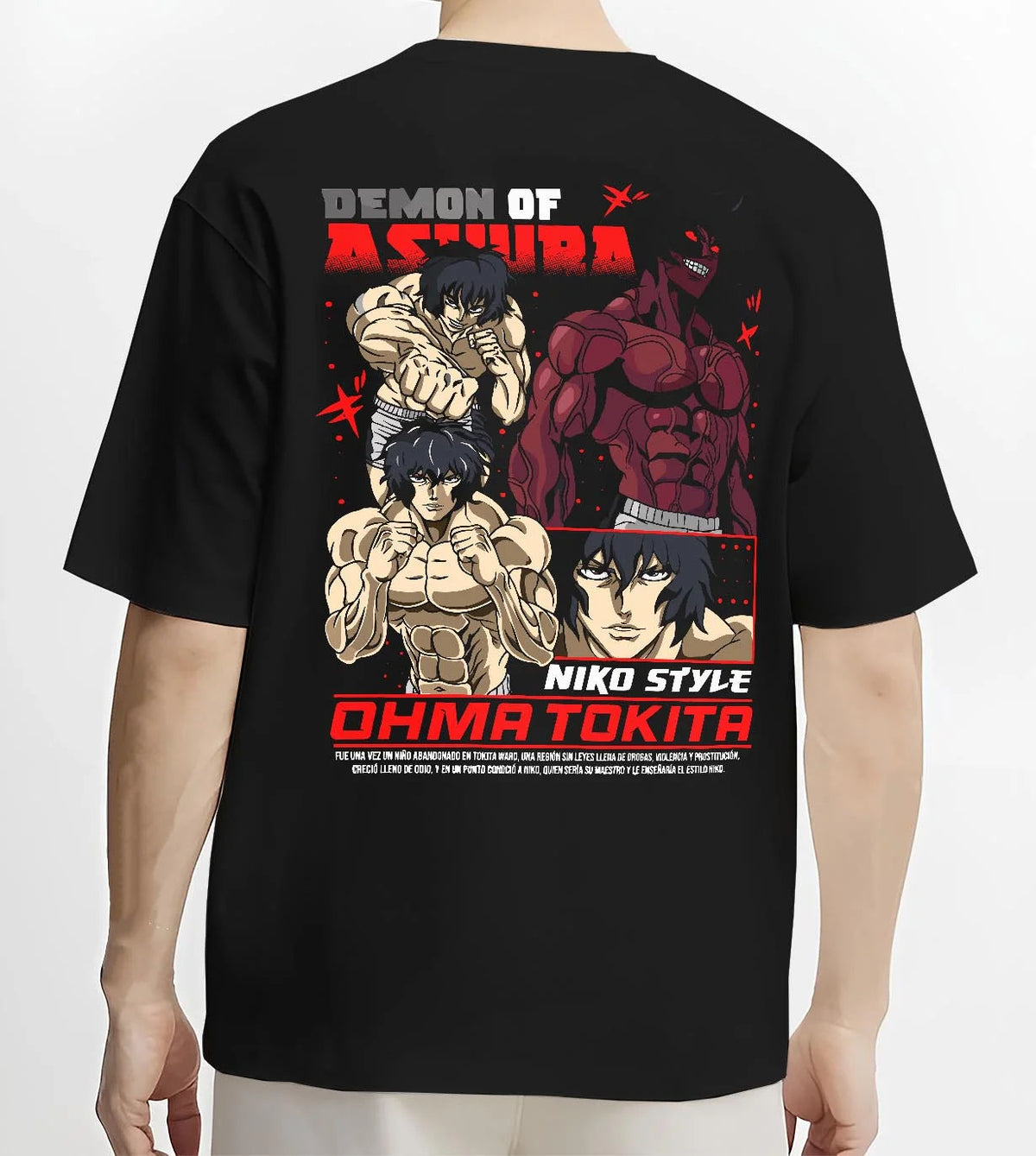 Black T-shirt worn by male model from the back featuring Ohma Tokita Niko Style Kengan Ashura artwork.