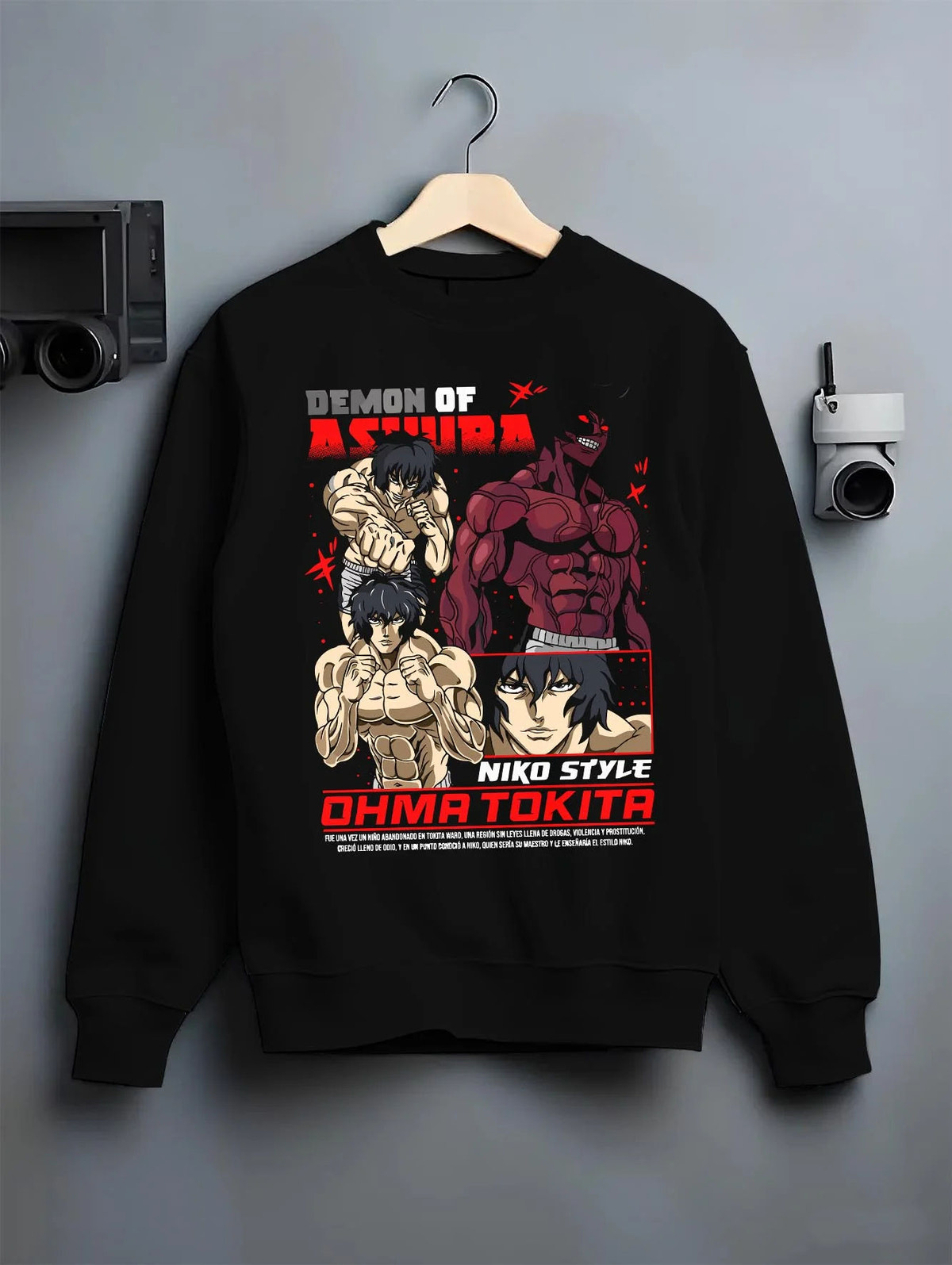Black crewneck sweatshirt on hanger featuring Ohma Tokita Niko Style Kengan Ashura artwork.