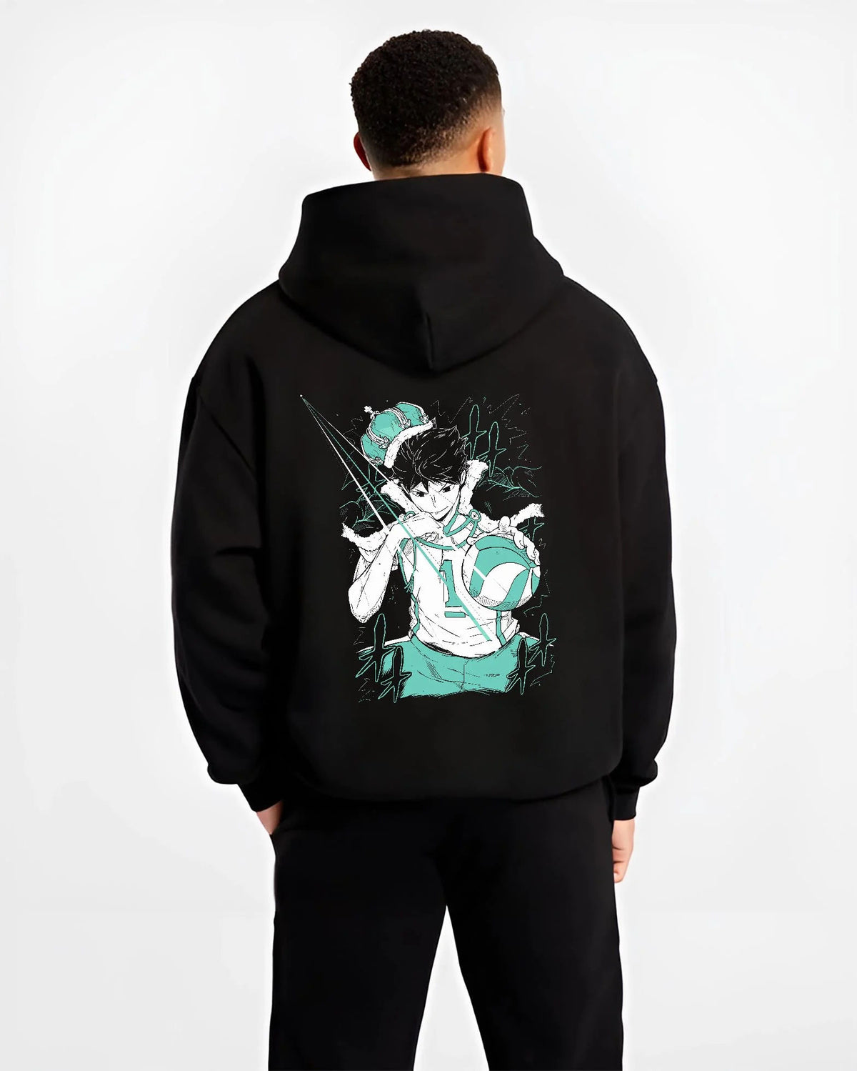 Black hoodie worn by male model from the back featuring Toru Oikawa setter volleyball king Haikyuu artwork.