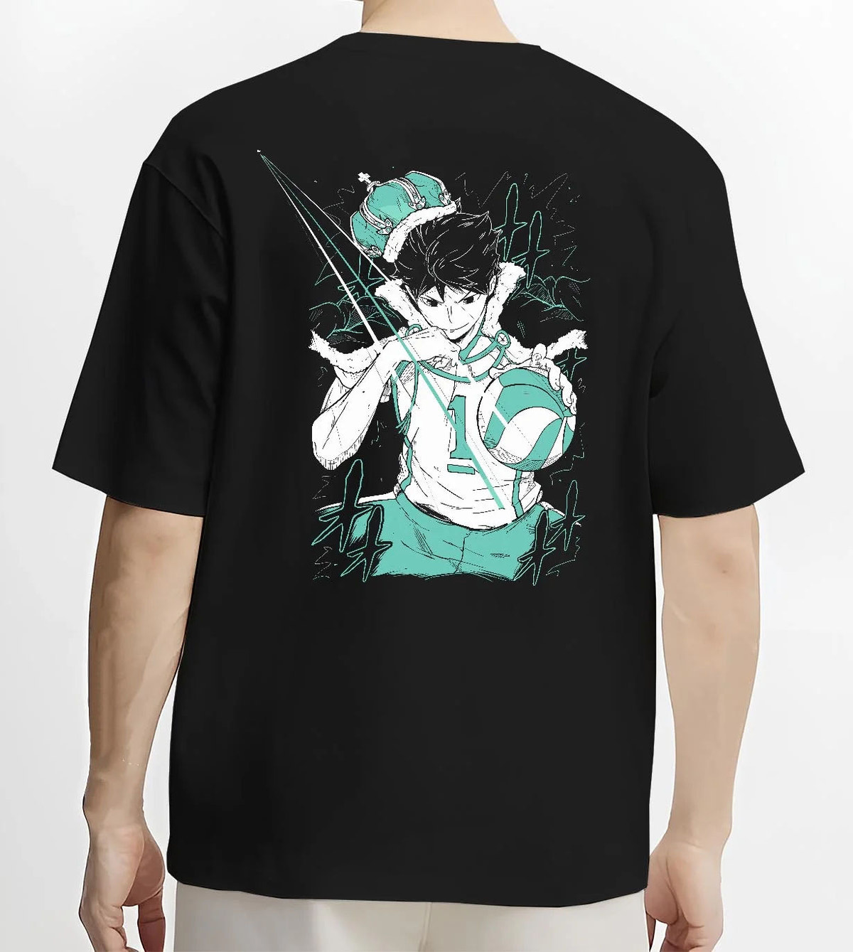 Black T-shirt worn by male model from the back featuring Toru Oikawa setter volleyball king Haikyuu artwork.