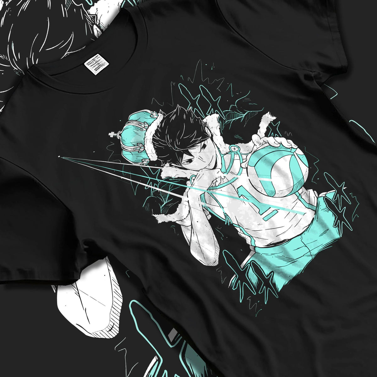 Black T-shirt laid flat with natural folds featuring Toru Oikawa setter volleyball king Haikyuu artwork.