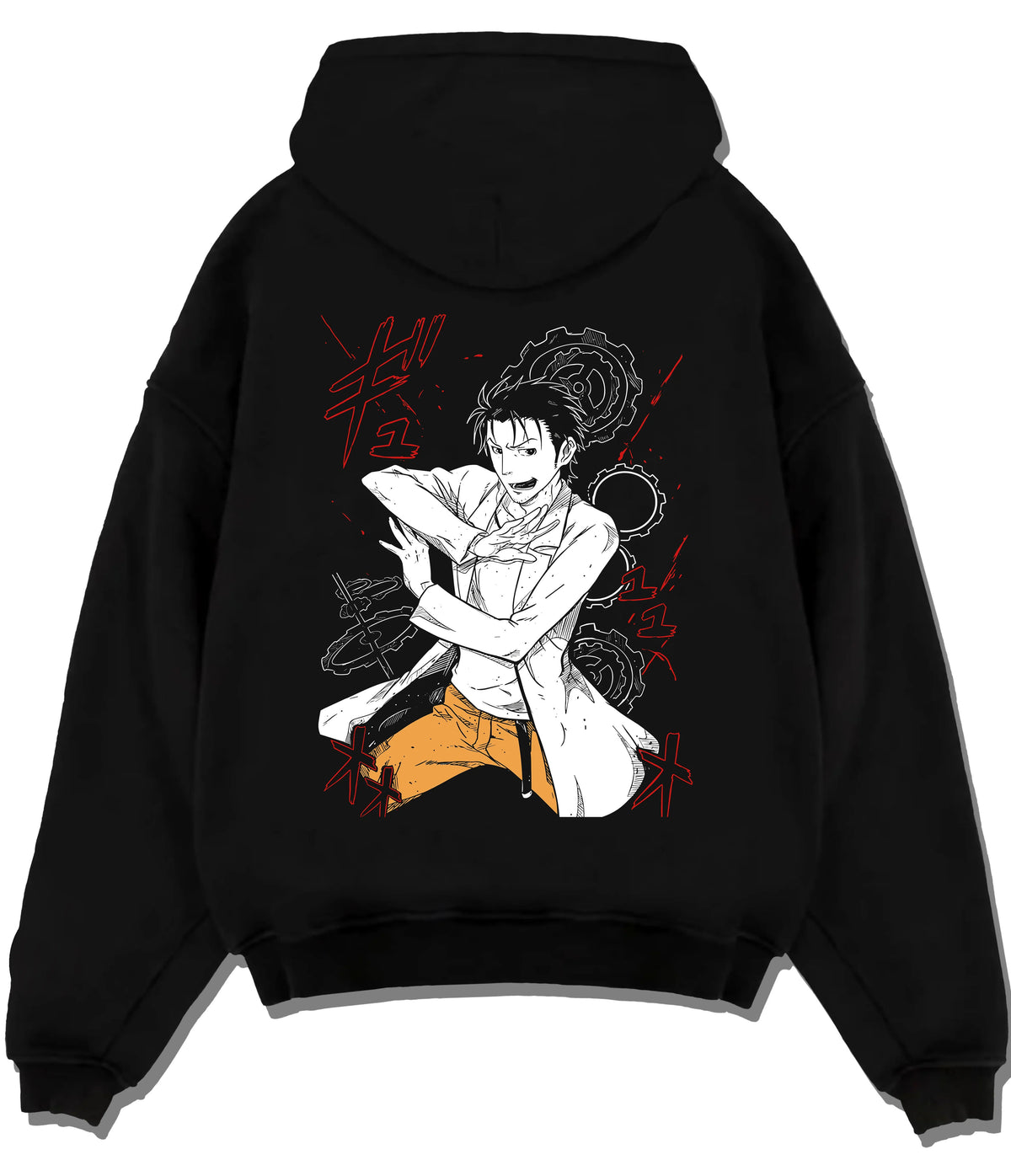 Black hoodie flat back view with Rintaro Okabe from Steins;Gate illustrated back graphic