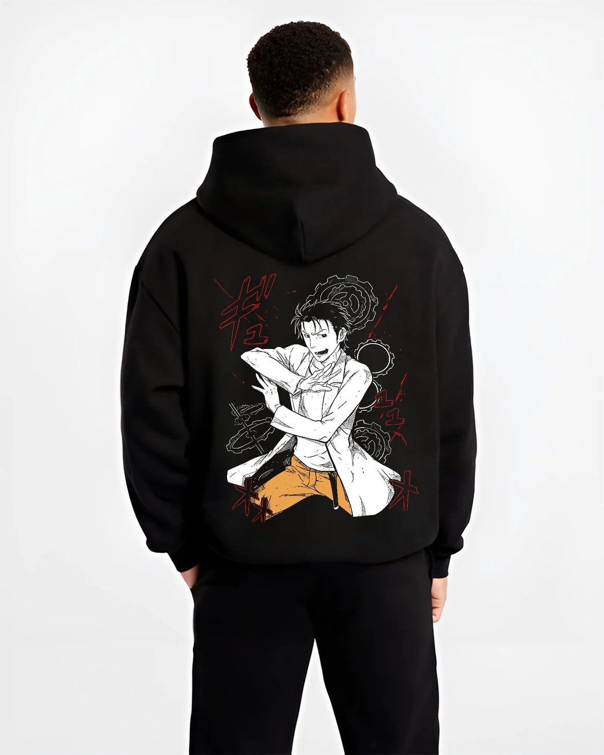 Black hoodie model back view with Rintaro Okabe from Steins;Gate illustrated back graphic