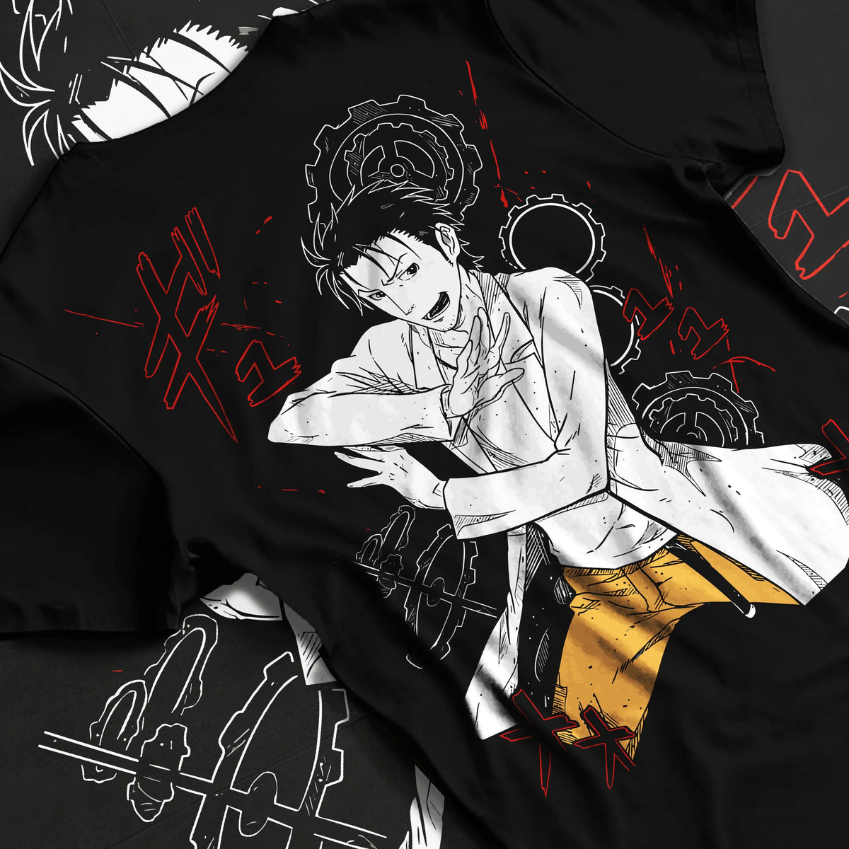 Black T-shirt flat back view with Rintaro Okabe from Steins;Gate illustrated back graphic