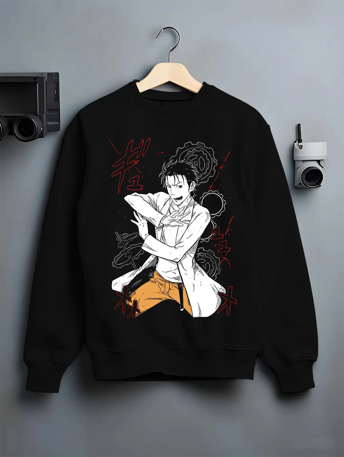 Black crewneck sweatshirt on hanger with Rintaro Okabe from Steins;Gate illustrated back graphic