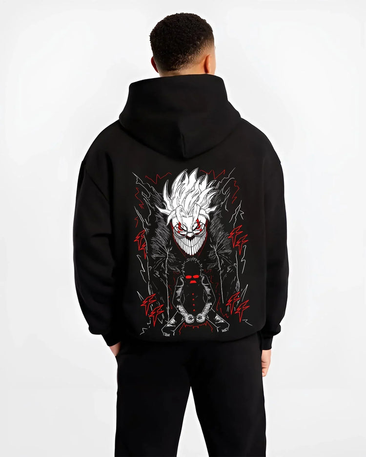 Black hoodie worn by male model, back view with Okarun Hoodie Dandadan Alien Fighter Design graphic streetwear graphic.