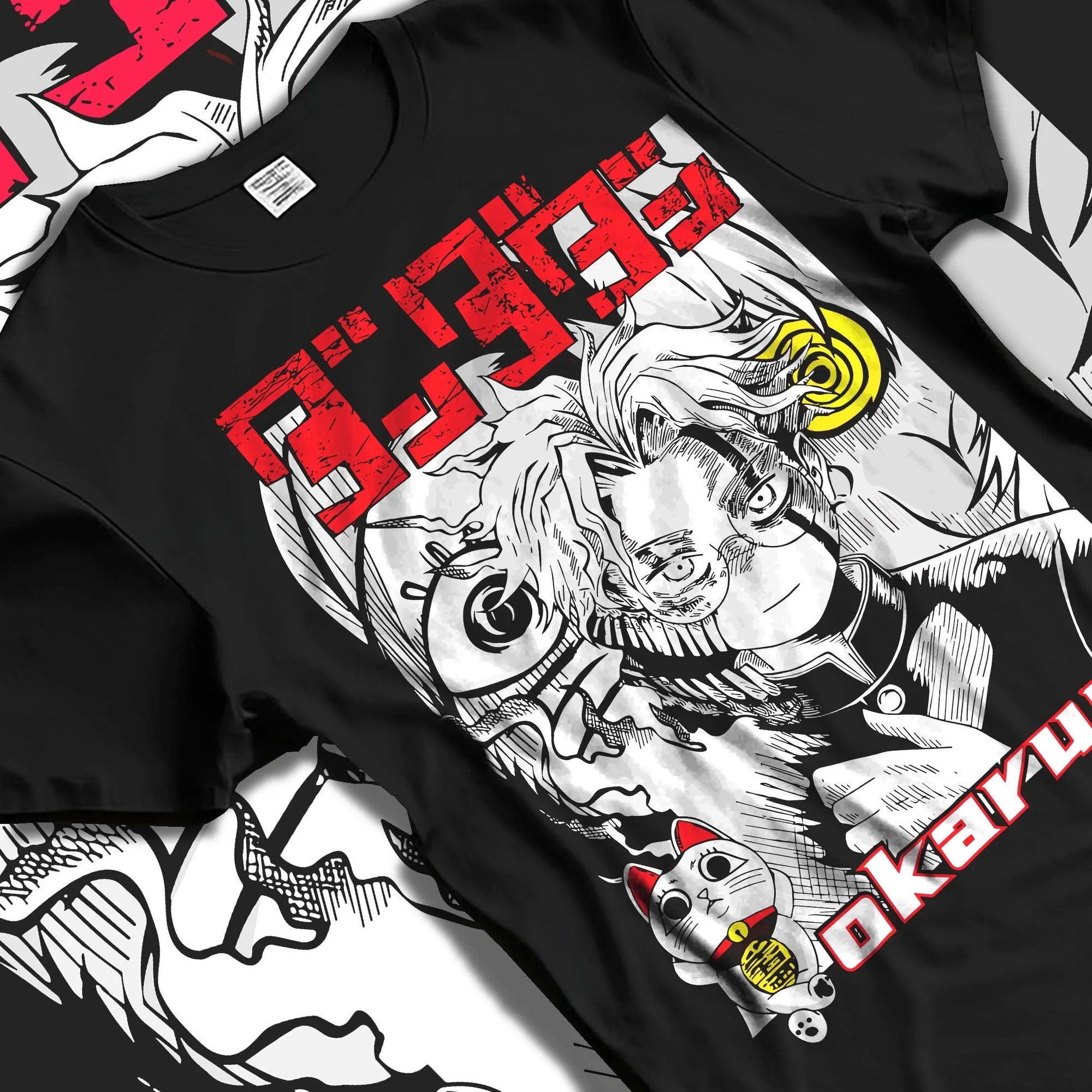 Black T-shirt laid flat with natural folds with Okarun Hoodie Dandadan Paranormal Occult Fighter graphic Okarun anime design.
