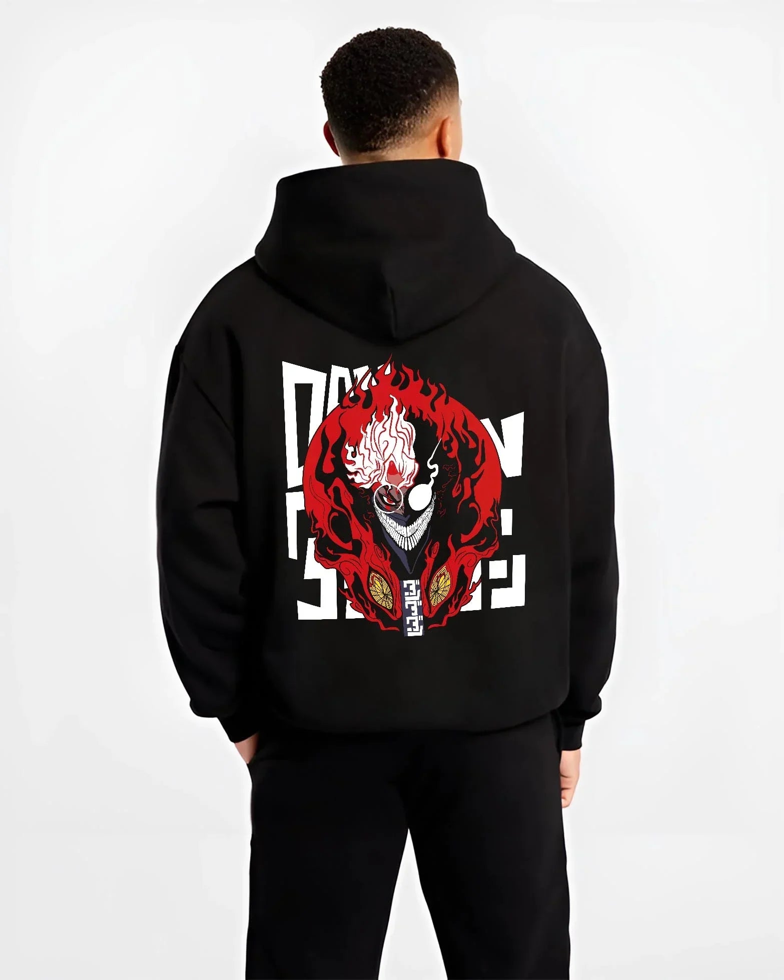 Black hoodie worn by male model, back view with Ken Turbo Granny Mode Dandadan Hoodie Paranormal Fusion graphic bold anime graphic.