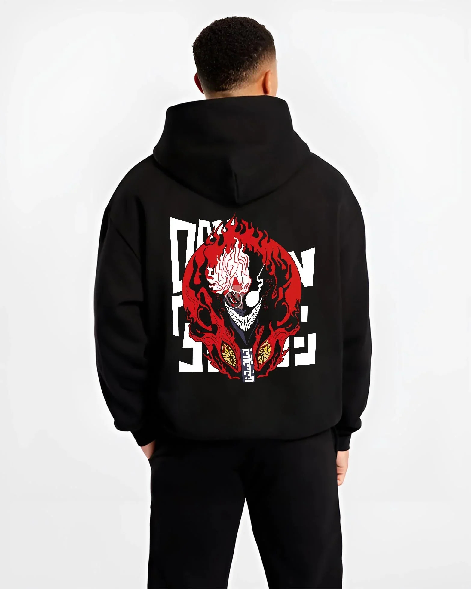 Black hoodie worn by male model, back view with Ken Turbo Granny Mode Dandadan Hoodie Paranormal Fusion graphic bold anime graphic.