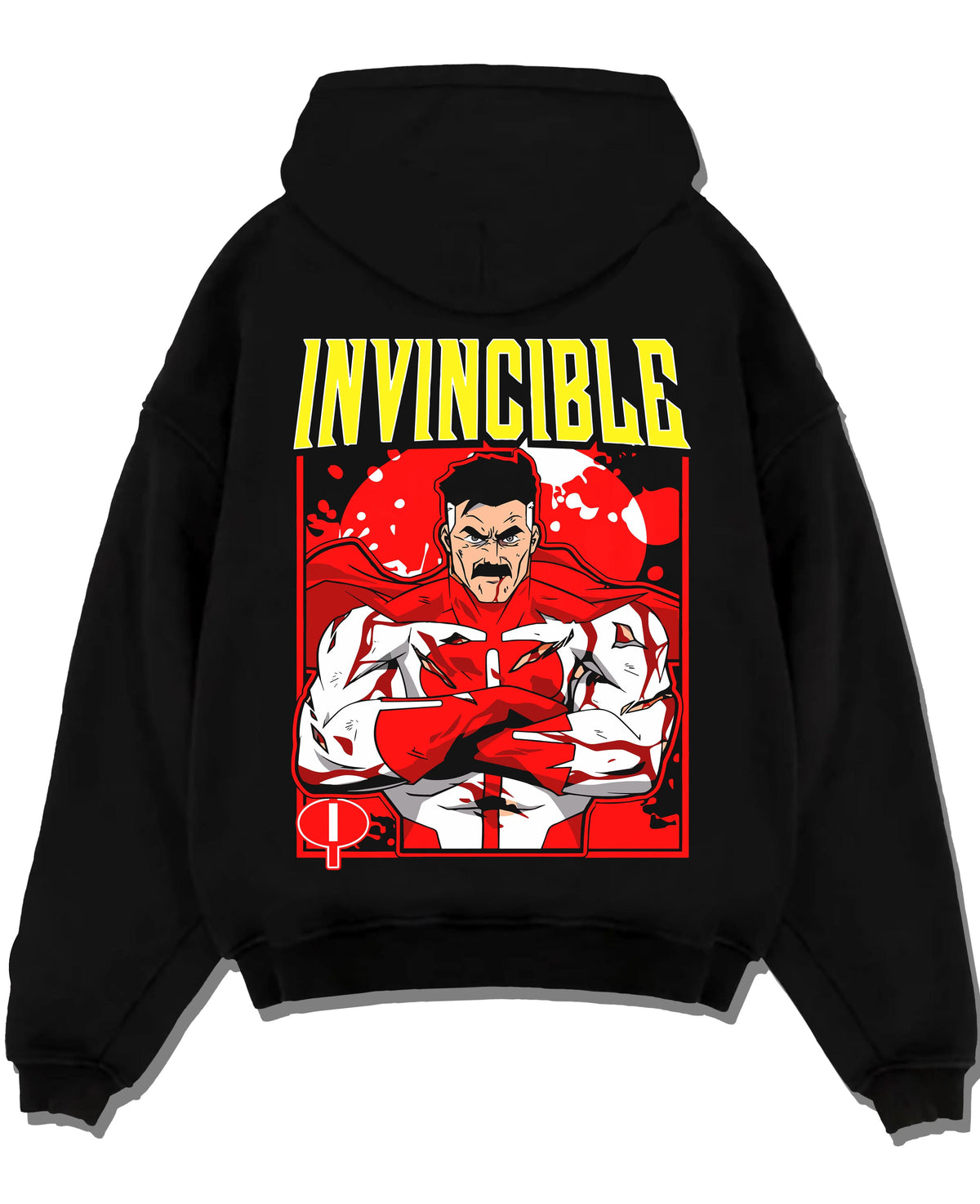 Black hoodie laid flat featuring Omni-Man Viltrumite battle power Invincible artwork.