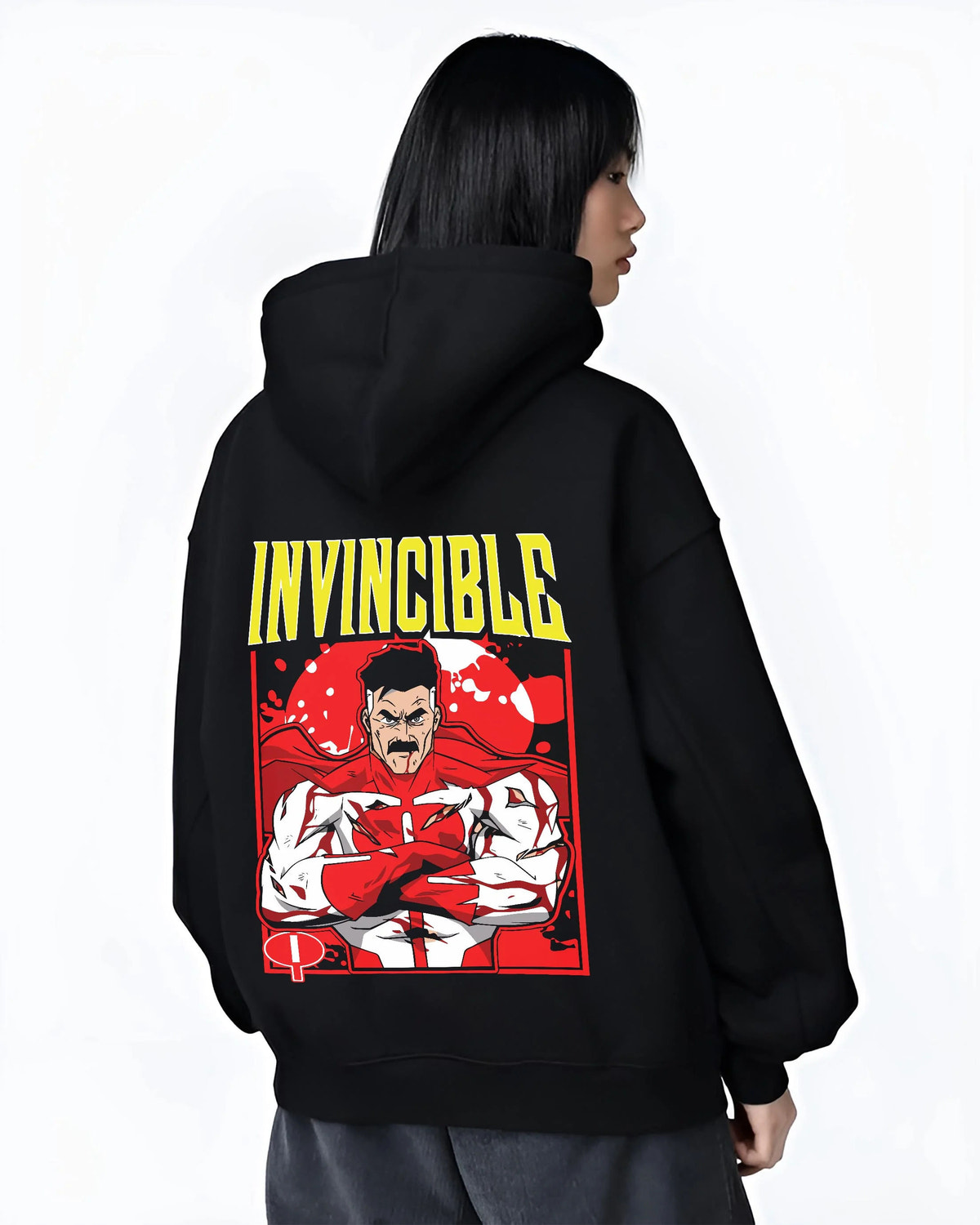 Black hoodie worn by female model from the back featuring Omni-Man Viltrumite battle power Invincible artwork.