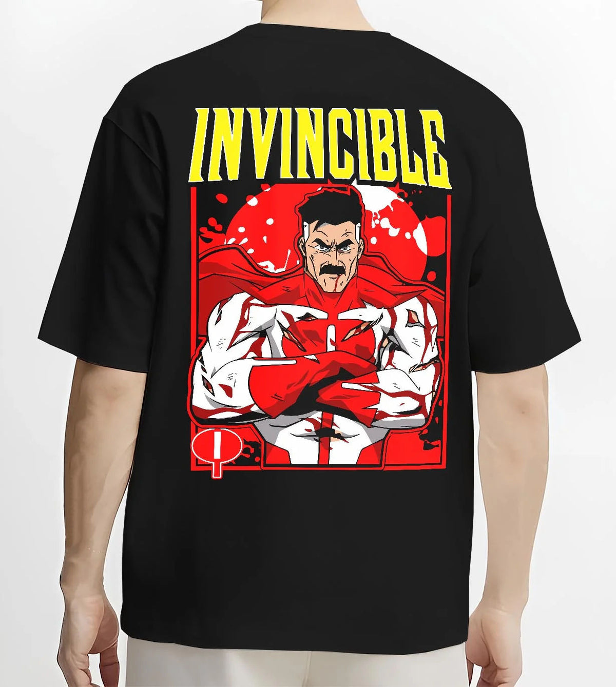 Black T-shirt worn by male model from the back featuring Omni-Man Viltrumite battle power Invincible artwork.
