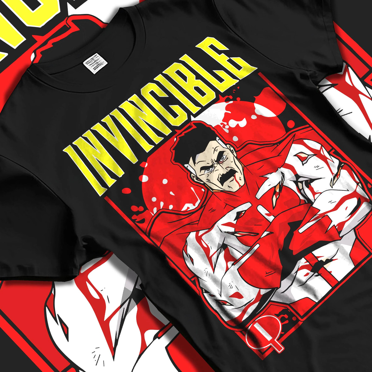 Black T-shirt laid flat with natural folds featuring Omni-Man Viltrumite battle power Invincible artwork.