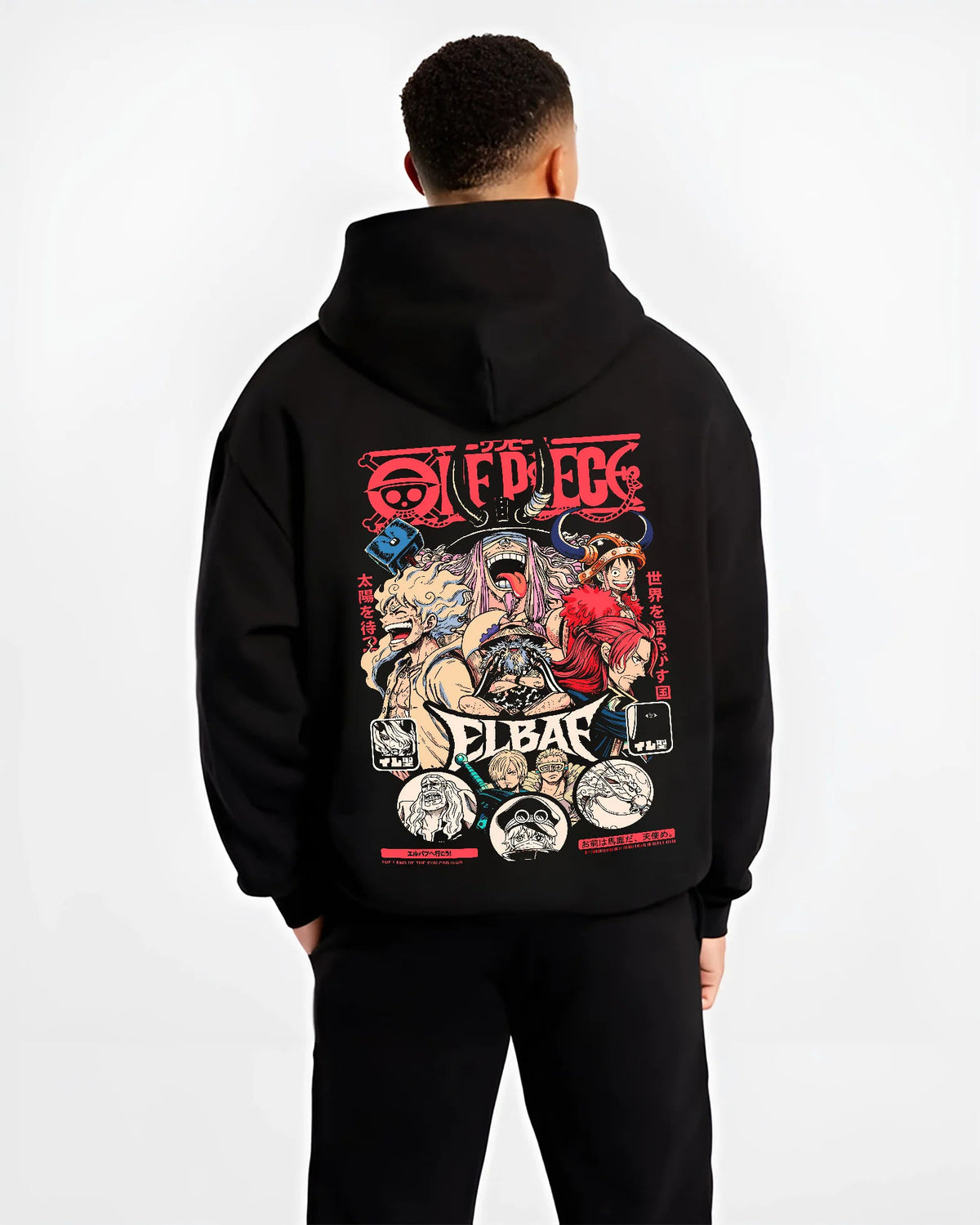 Black hoodie model back view showing One Piece pirate ensemble: multiple characters