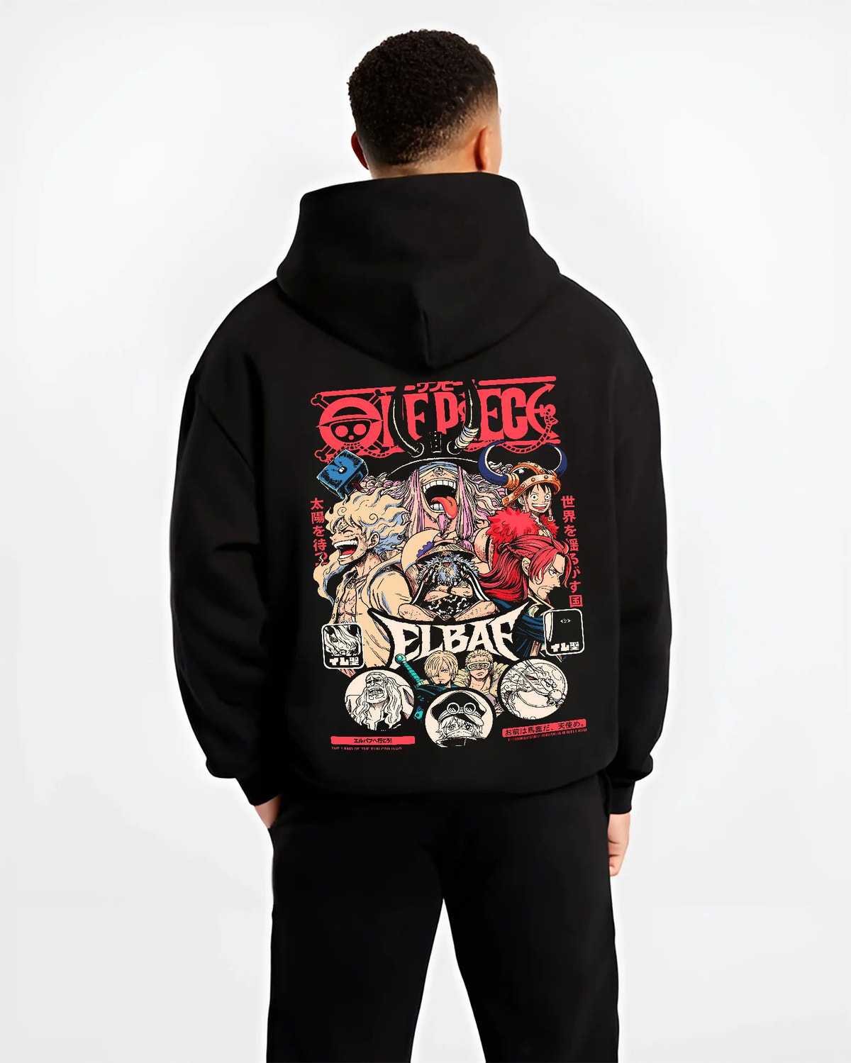 Black hoodie model back view showing One Piece pirate ensemble: multiple characters