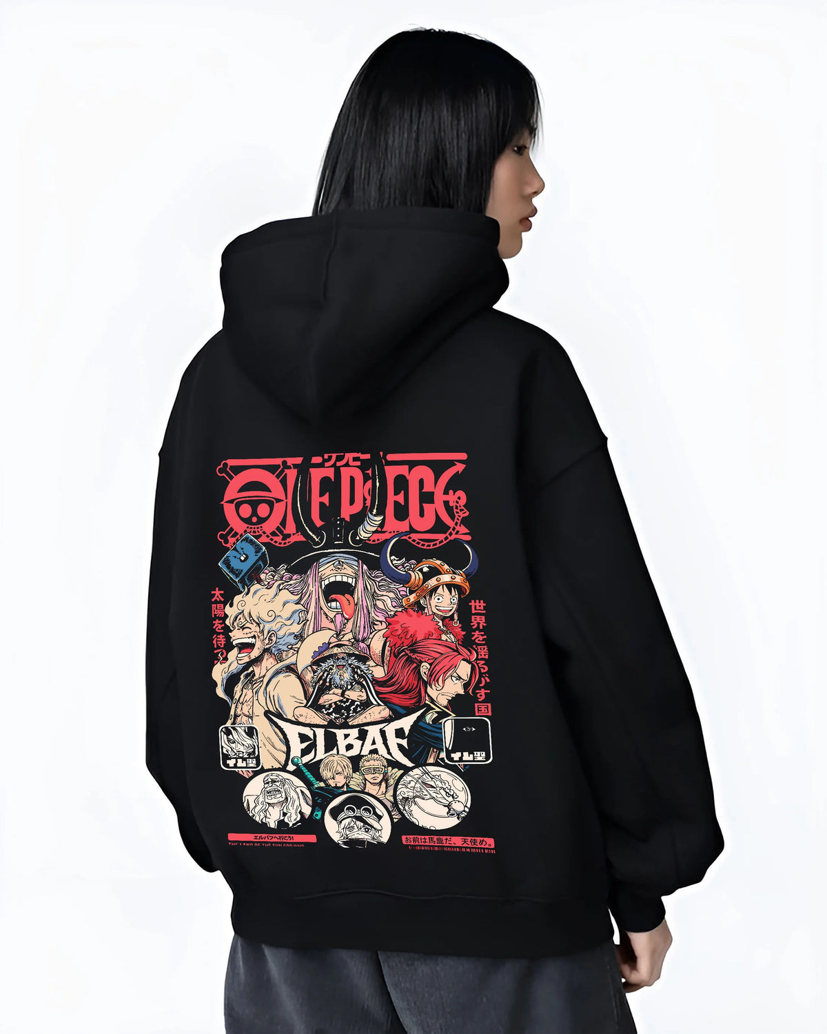 Black hoodie female model back view showing One Piece pirate ensemble: multiple characters