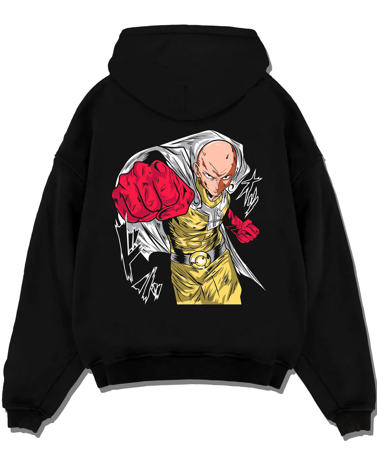Black hoodie laid flat featuring Saitama serious hero One Punch Man artwork.