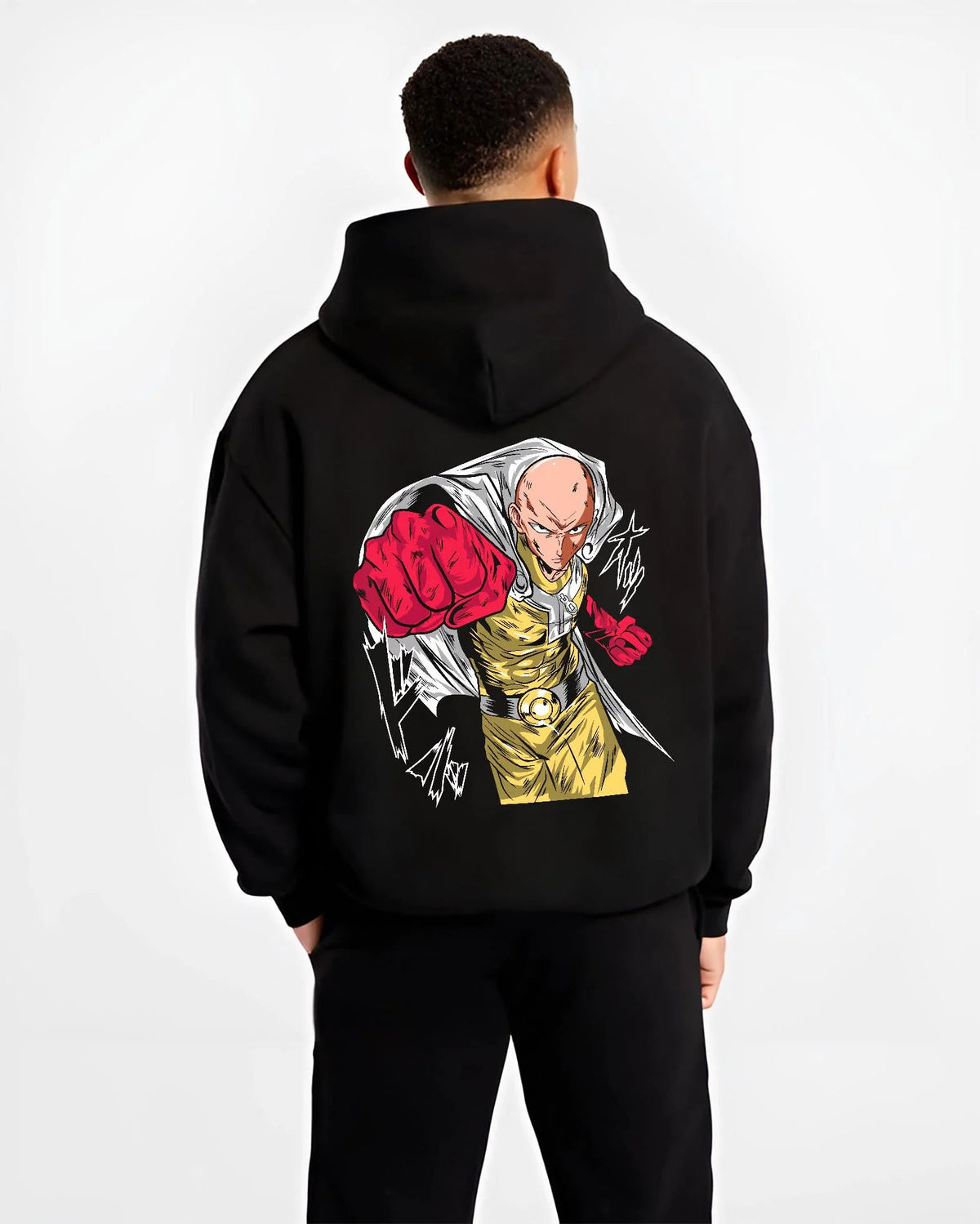 Black hoodie worn by male model from the back featuring Saitama serious hero One Punch Man artwork.