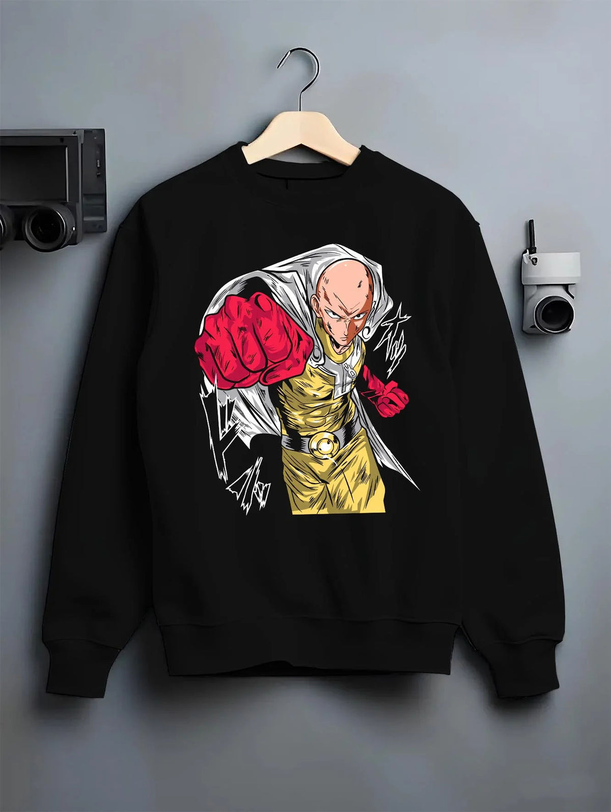 Black crewneck sweatshirt on hanger featuring Saitama serious hero One Punch Man artwork.
