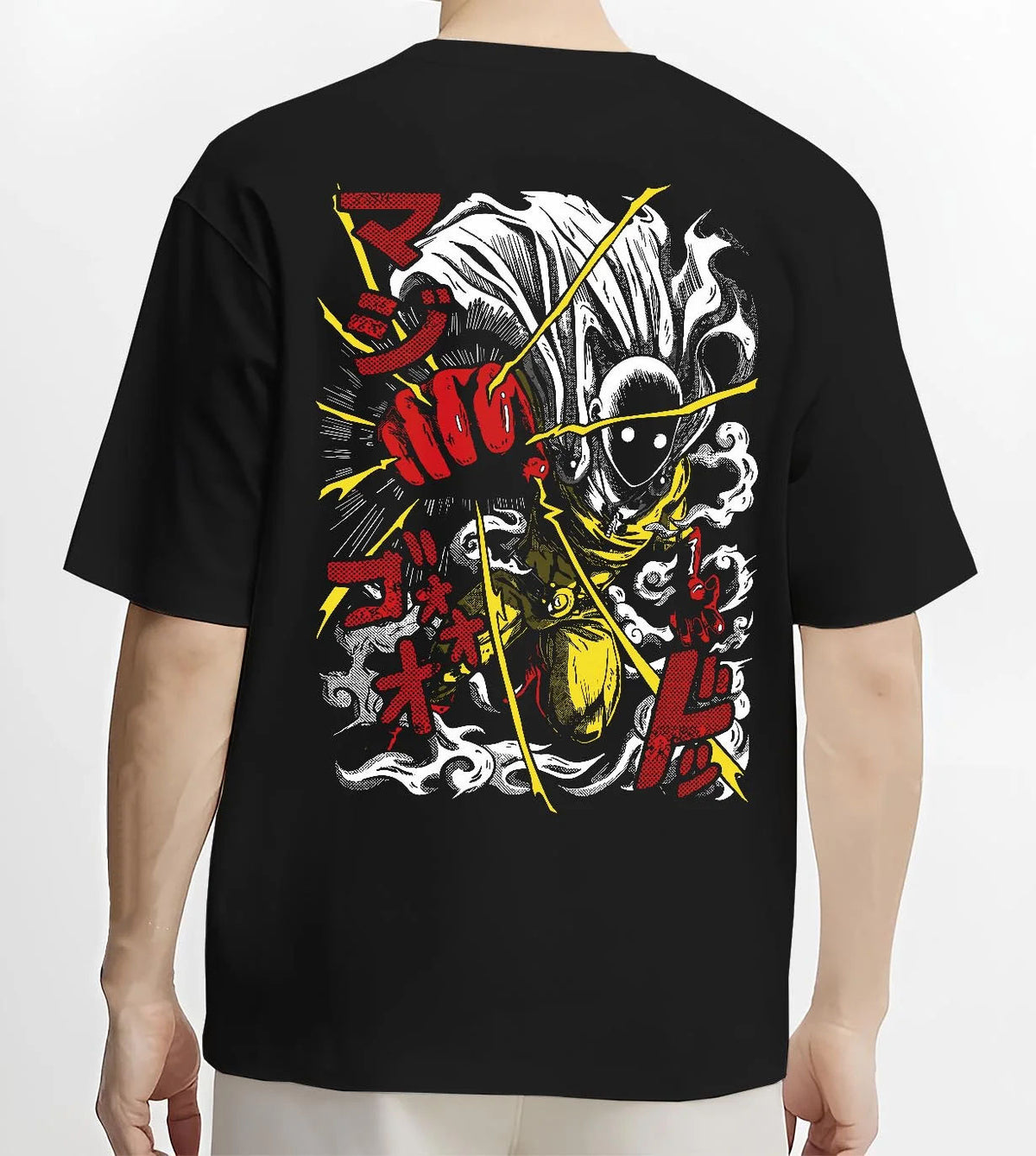 Black T-shirt worn by male model from the back featuring Genos Demon Cyborg One Punch Man artwork.