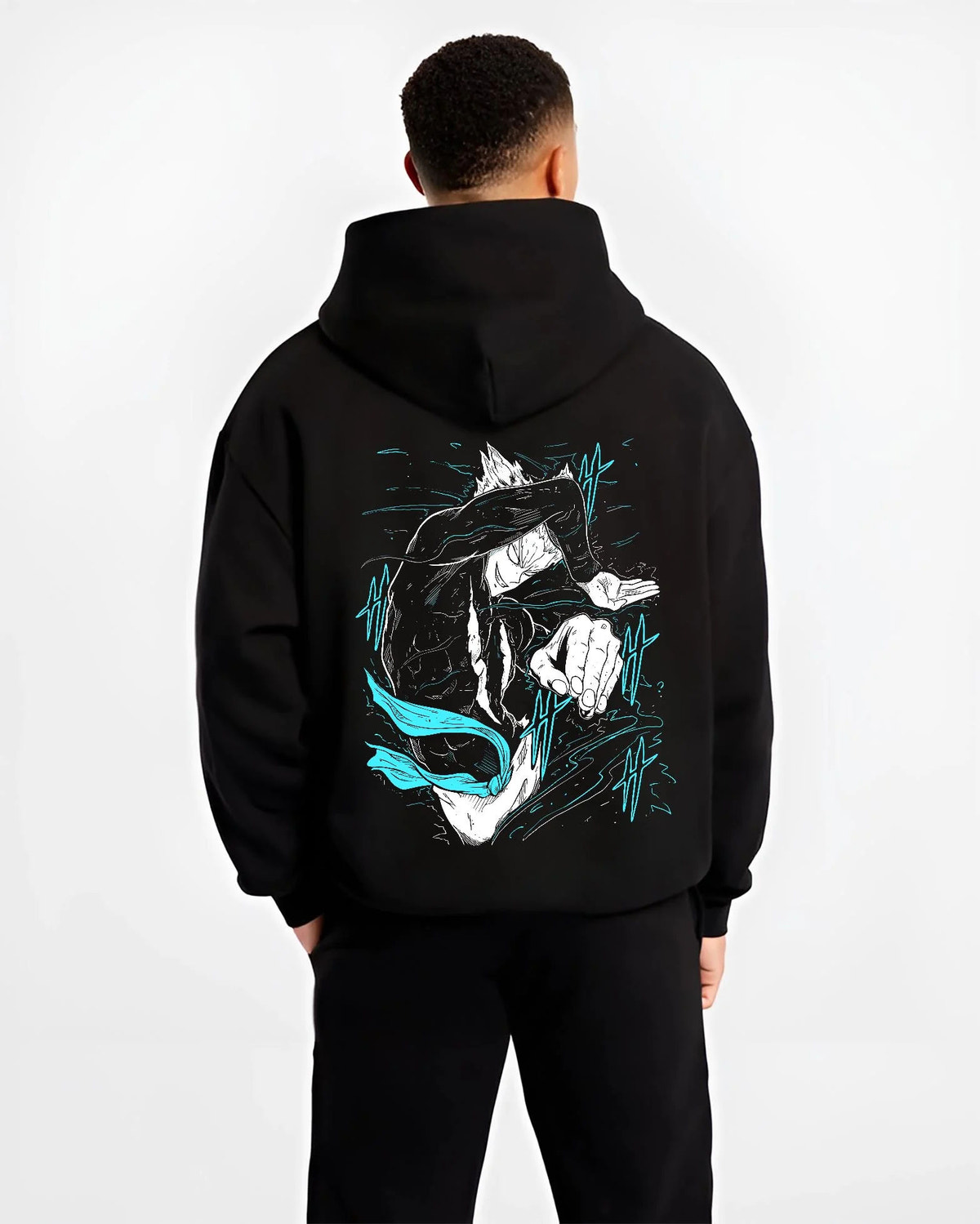 Black hoodie worn by male model from the back featuring Garou Water Stream martial arts One Punch Man artwork.