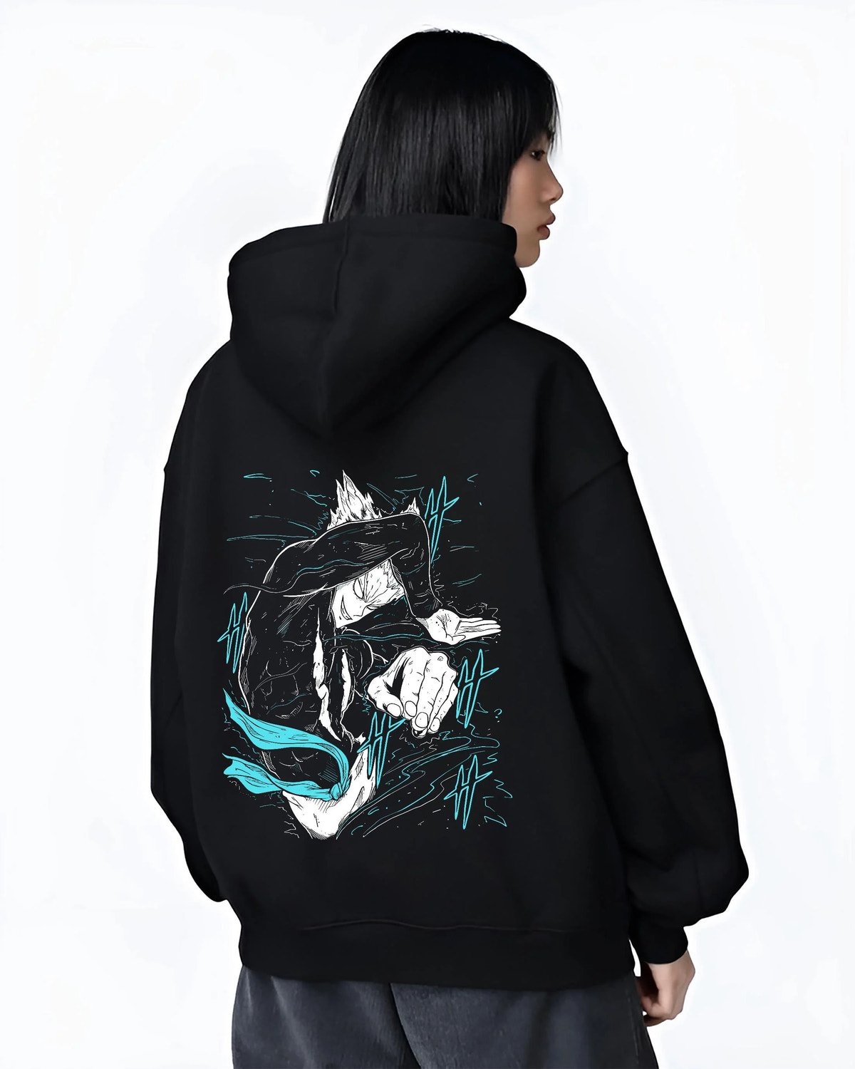 Black hoodie worn by female model from the back featuring Garou Water Stream martial arts One Punch Man artwork.