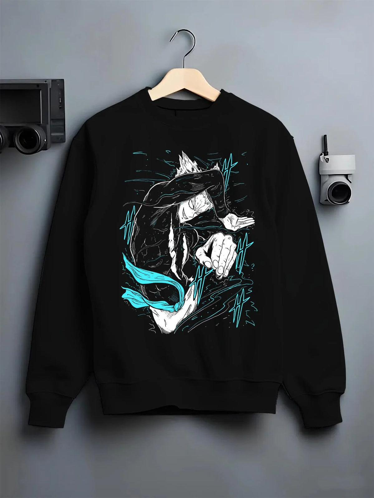 Black crewneck sweatshirt on hanger featuring Garou Water Stream martial arts One Punch Man artwork.
