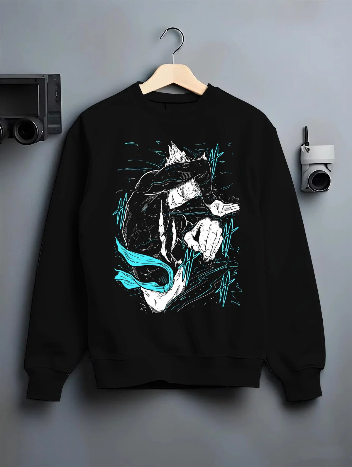 Black crewneck sweatshirt on hanger featuring Garou Water Stream martial arts One Punch Man artwork.