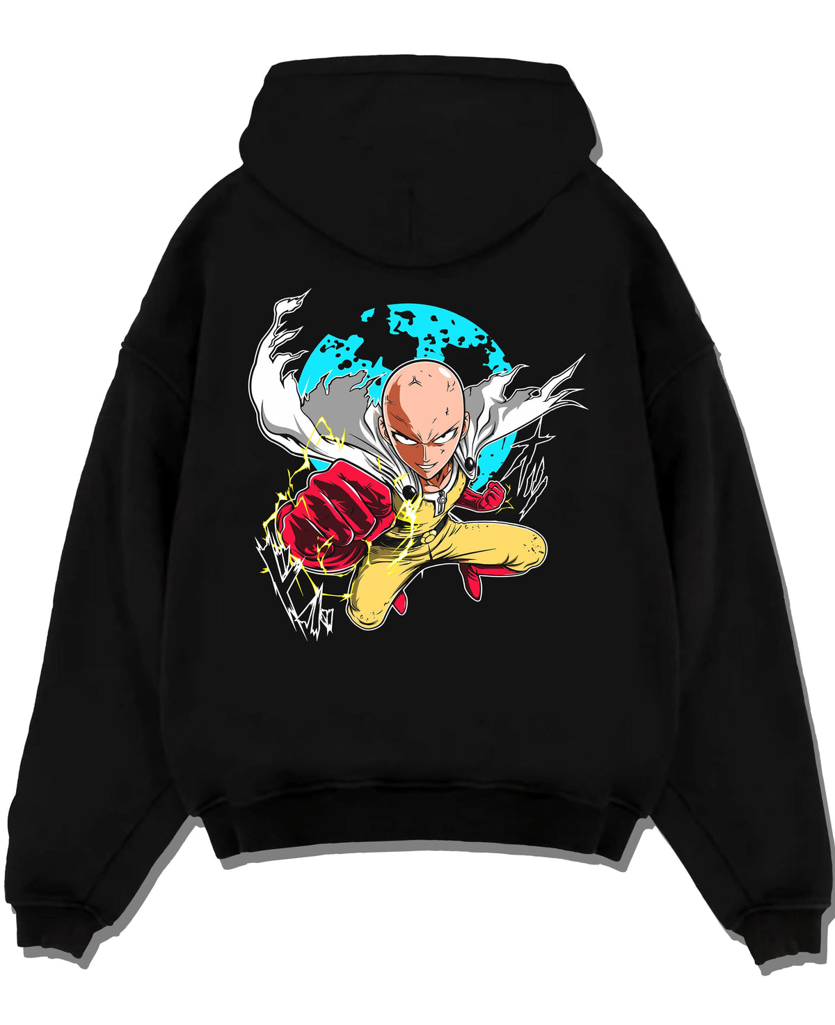 Black hoodie laid flat featuring Saitama Serious Punch One Punch Man artwork.