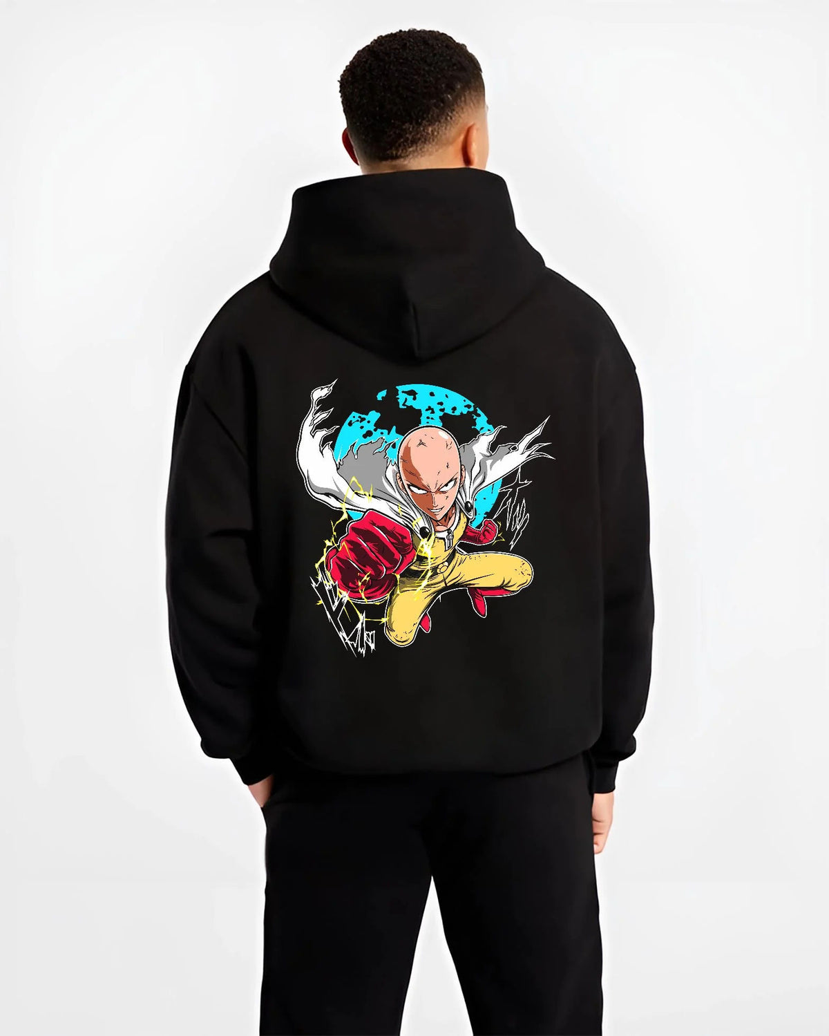 Black hoodie worn by male model from the back featuring Saitama Serious Punch One Punch Man artwork.