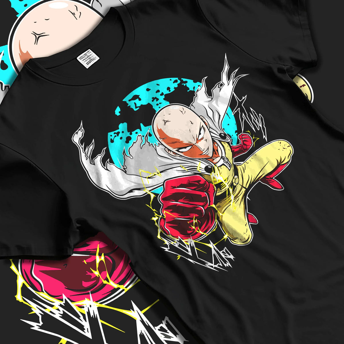 Black T-shirt laid flat with natural folds featuring Saitama Serious Punch One Punch Man artwork.
