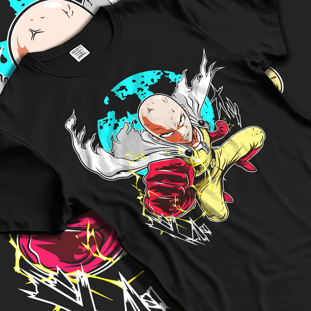 Black T-shirt laid flat with natural folds featuring Saitama Serious Punch One Punch Man artwork.
