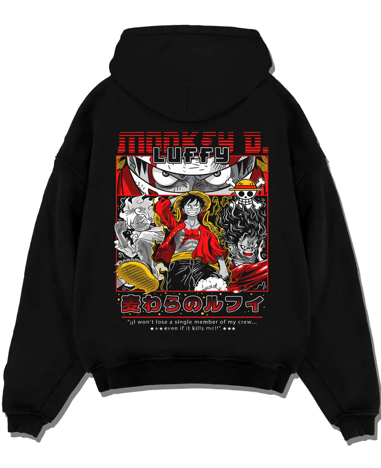 Black hoodie laid flat featuring Luffy Gear forms One Piece artwork.
