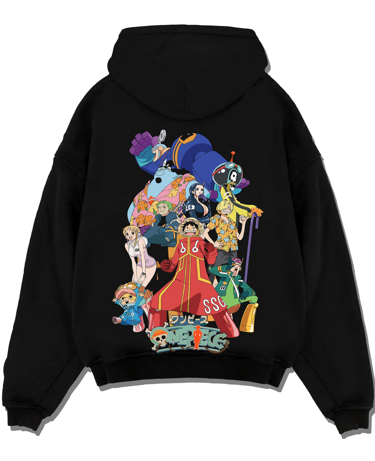 Black hoodie laid flat featuring Straw Hat Crew Egghead Island One Piece artwork.