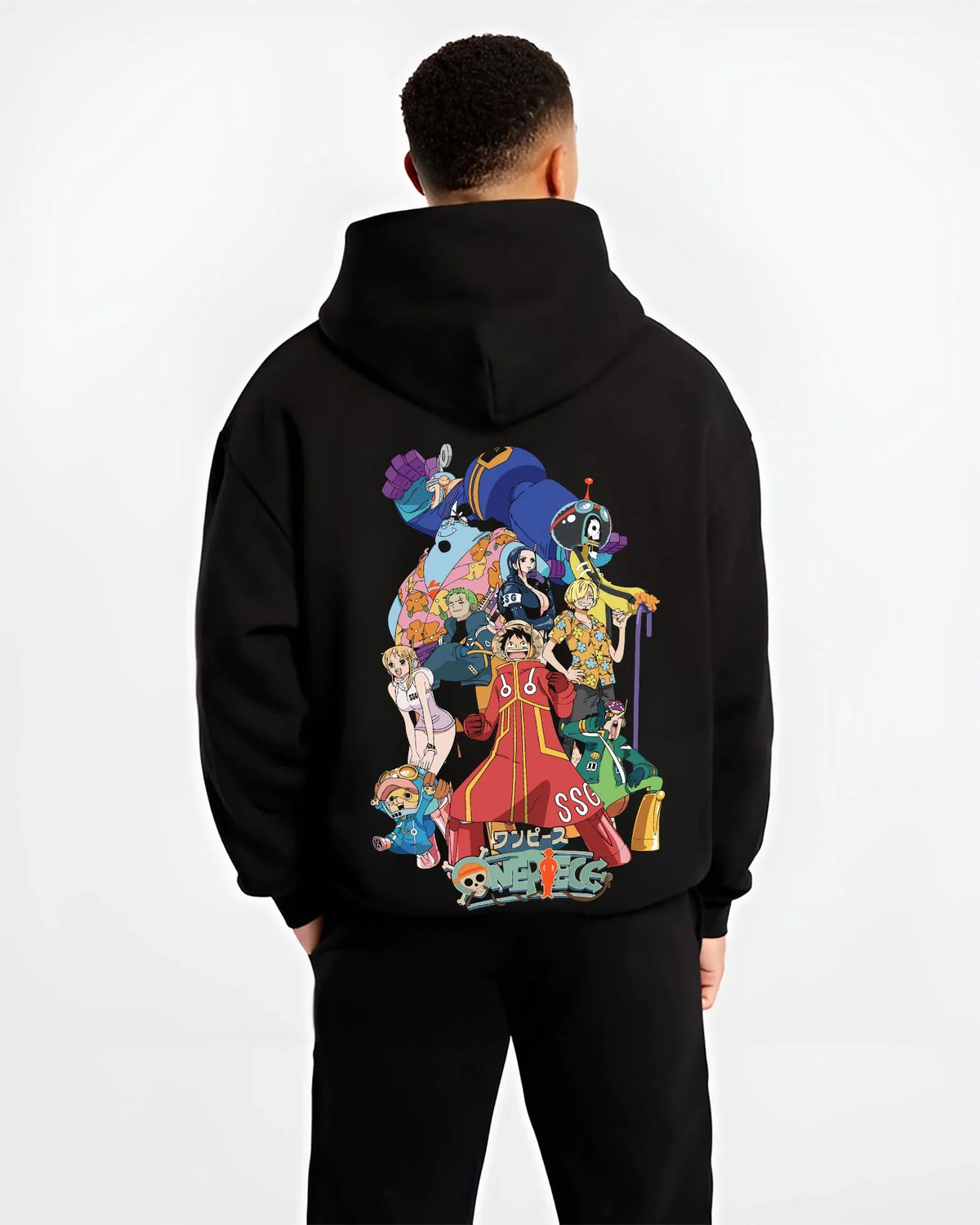 Black hoodie worn by male model from the back featuring Straw Hat Crew Egghead Island One Piece artwork.