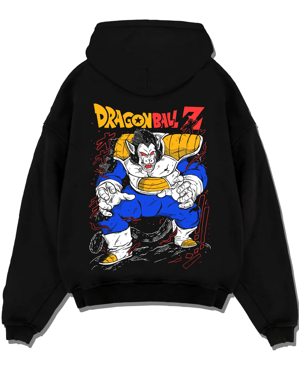 Black hoodie laid flat featuring Vegeta Great Ape Oozaru form Dragon Ball Z artwork.