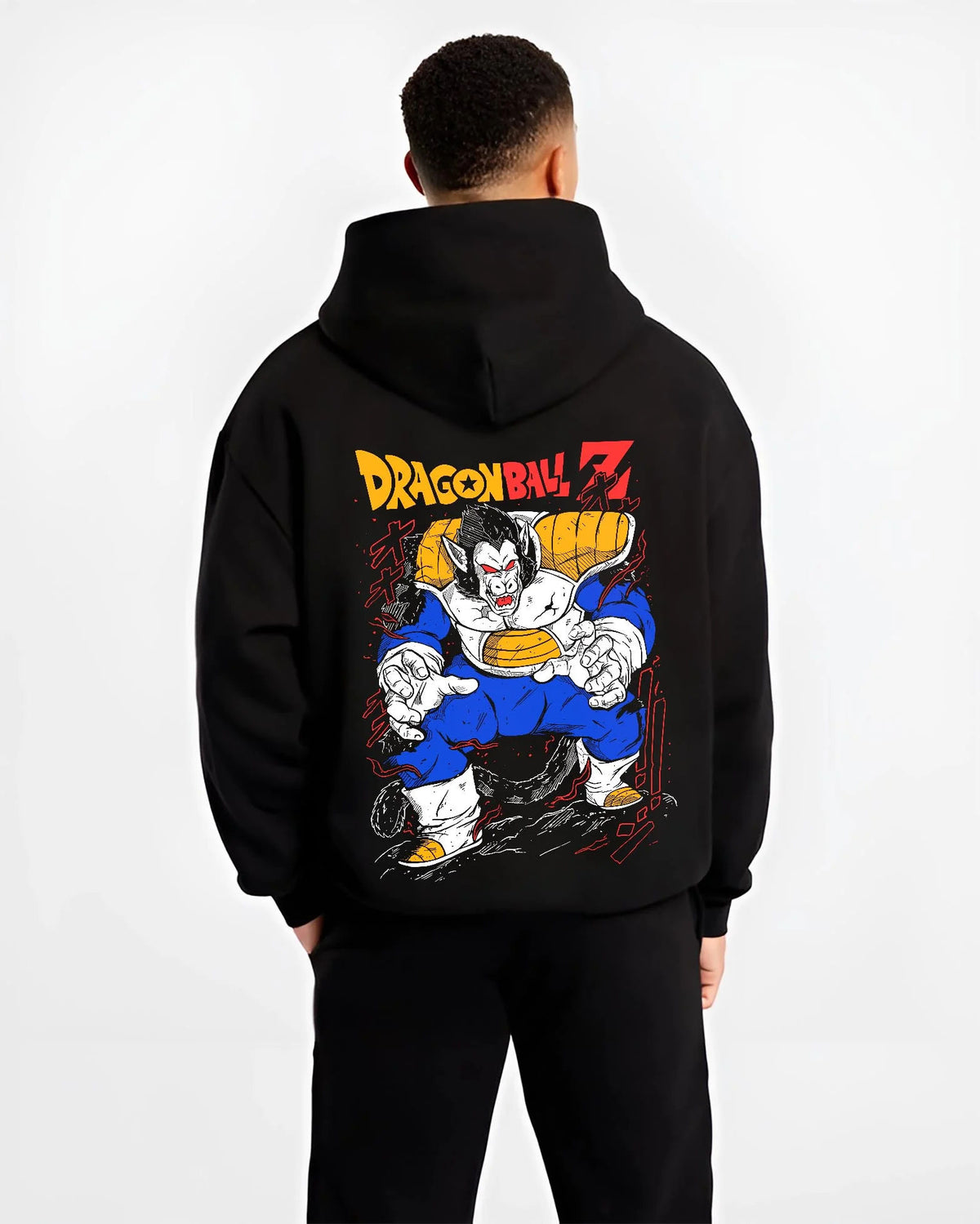 Black hoodie worn by male model from the back featuring Vegeta Great Ape Oozaru form Dragon Ball Z artwork.