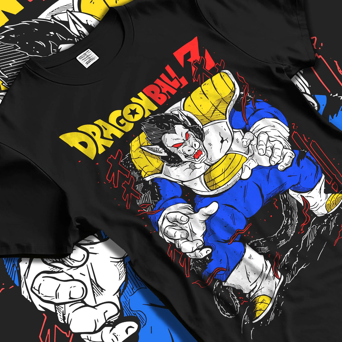 Black T-shirt laid flat with natural folds featuring Vegeta Great Ape Oozaru form Dragon Ball Z artwork.