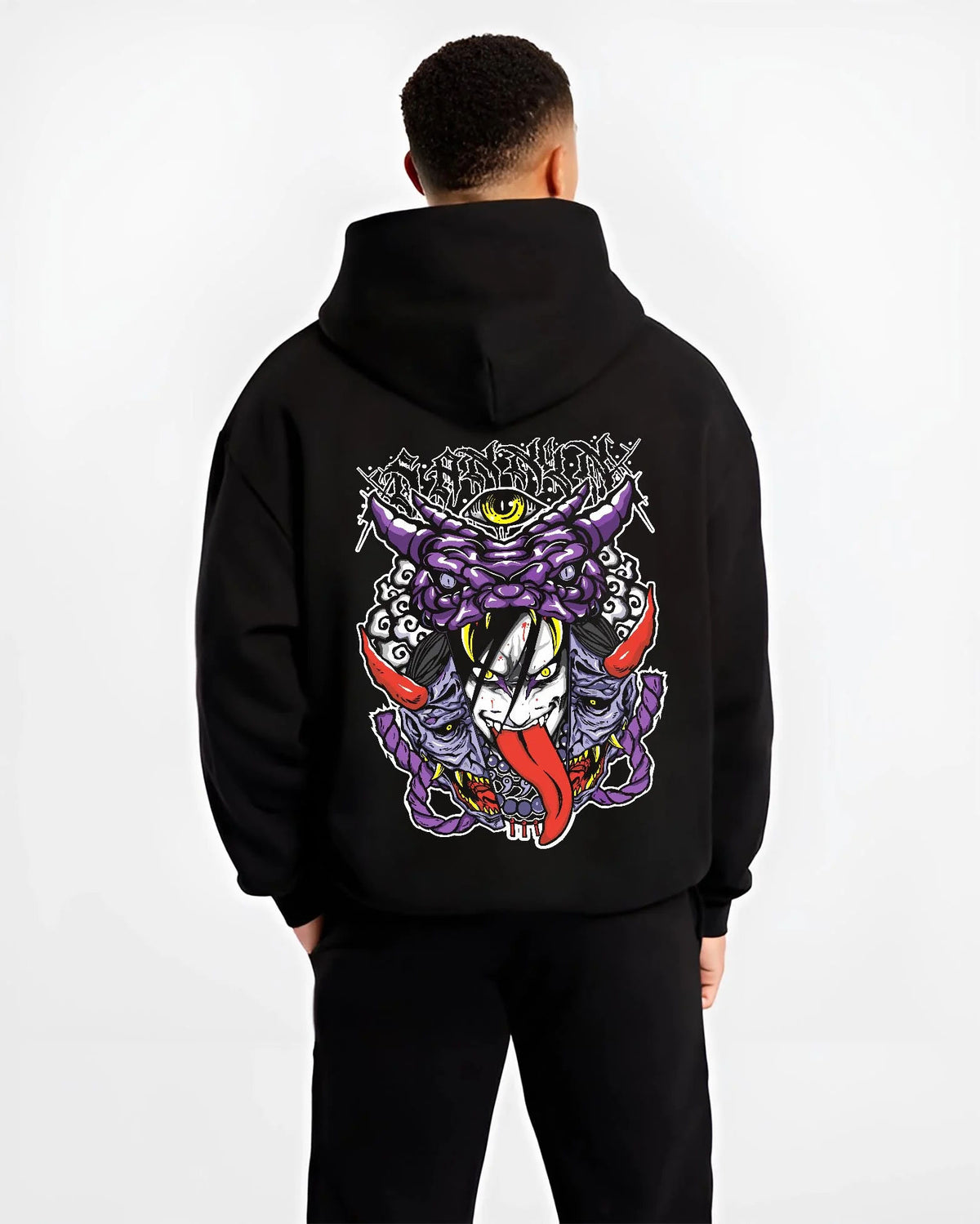 Black hoodie worn by male model from the back featuring Orochimaru snake summoning Naruto artwork.
