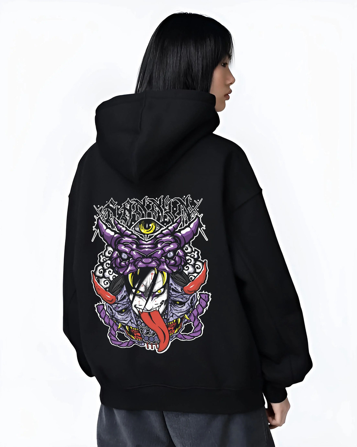 Black hoodie worn by female model from the back featuring Orochimaru snake summoning Naruto artwork.