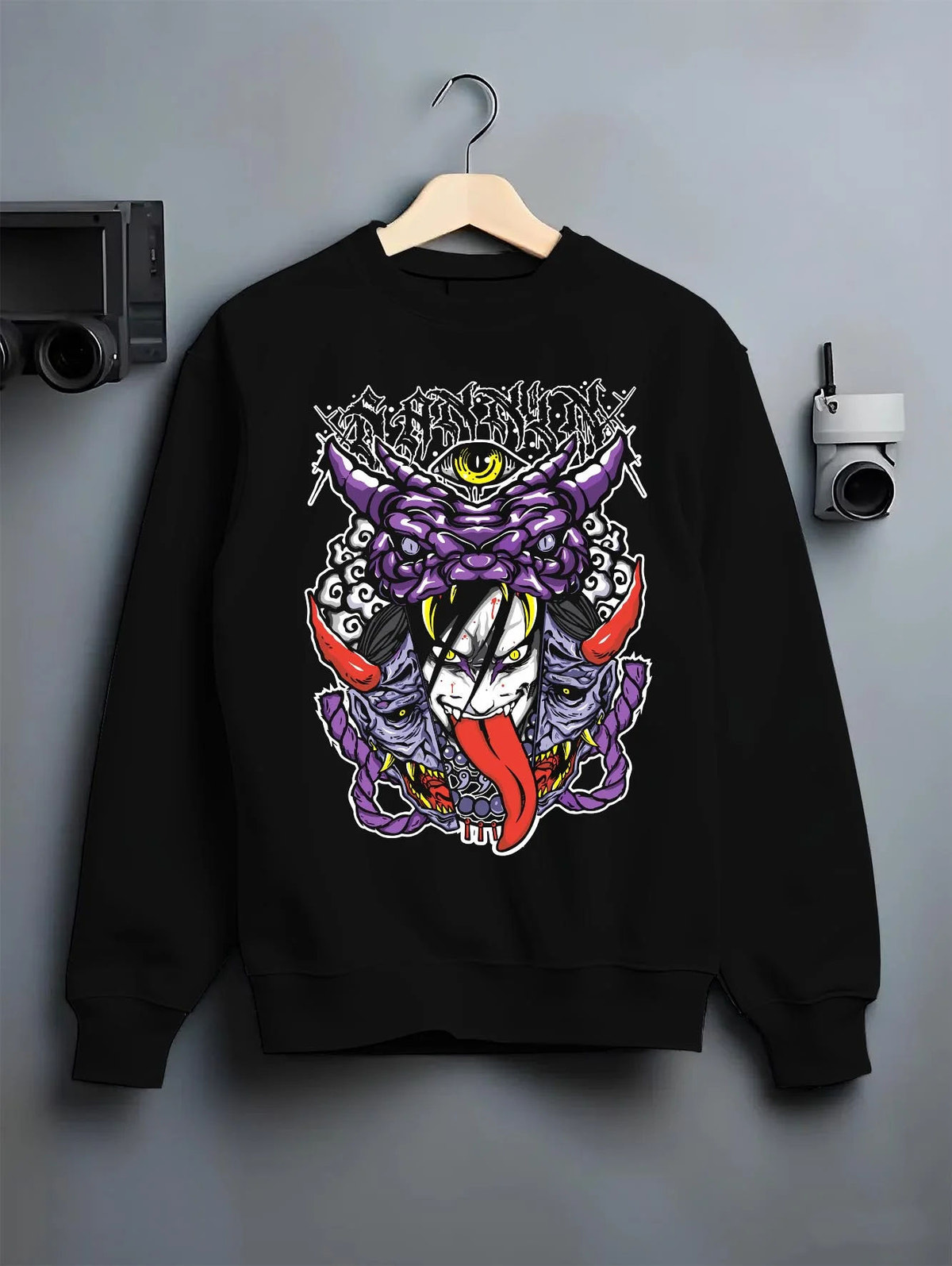 Black crewneck sweatshirt on hanger featuring Orochimaru snake summoning Naruto artwork.