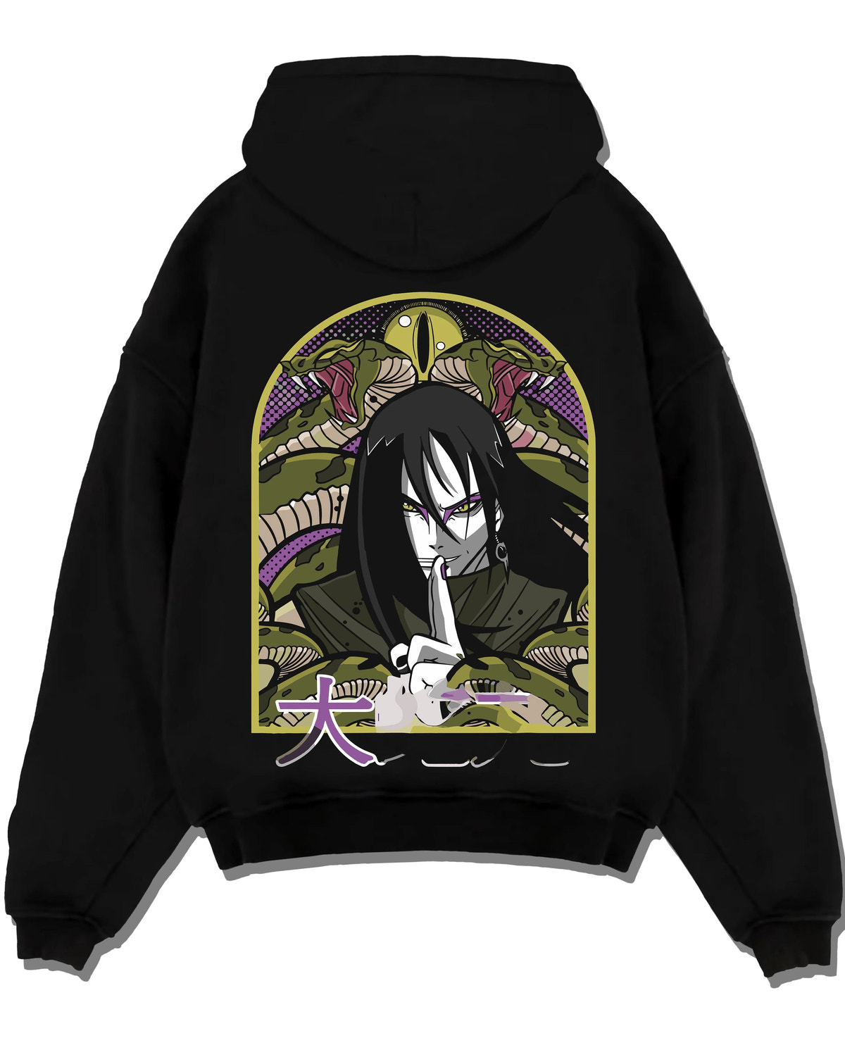 Black hoodie laid flat featuring Orochimaru Eight Branches technique Naruto artwork.