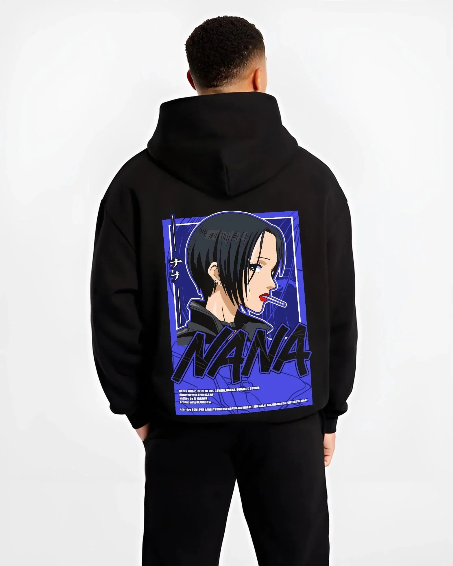 Black hoodie worn by male model, back view with Osaragi Hoodie Oshi no Ko School Uniform graphic premium wear.