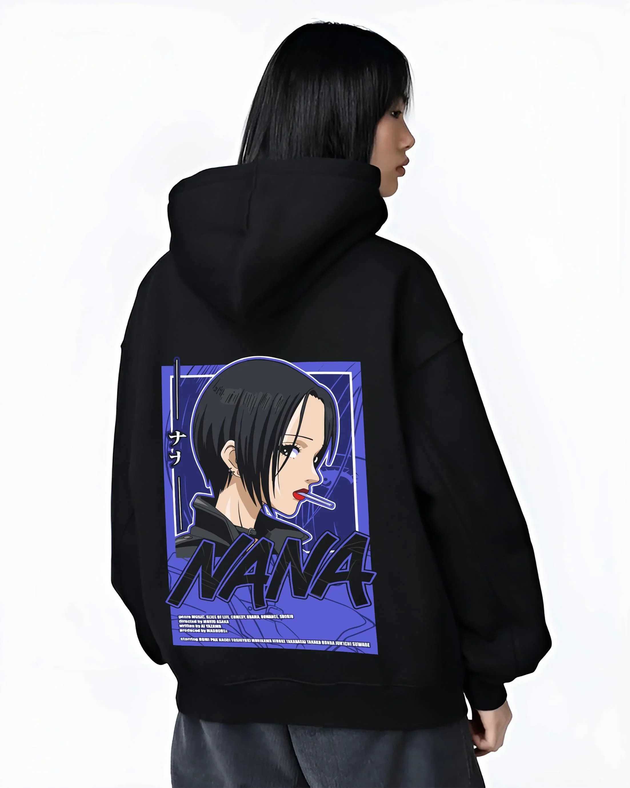 Black hoodie worn by female model, back view with Osaragi Hoodie Oshi no Ko School Uniform graphic bold anime graphic.