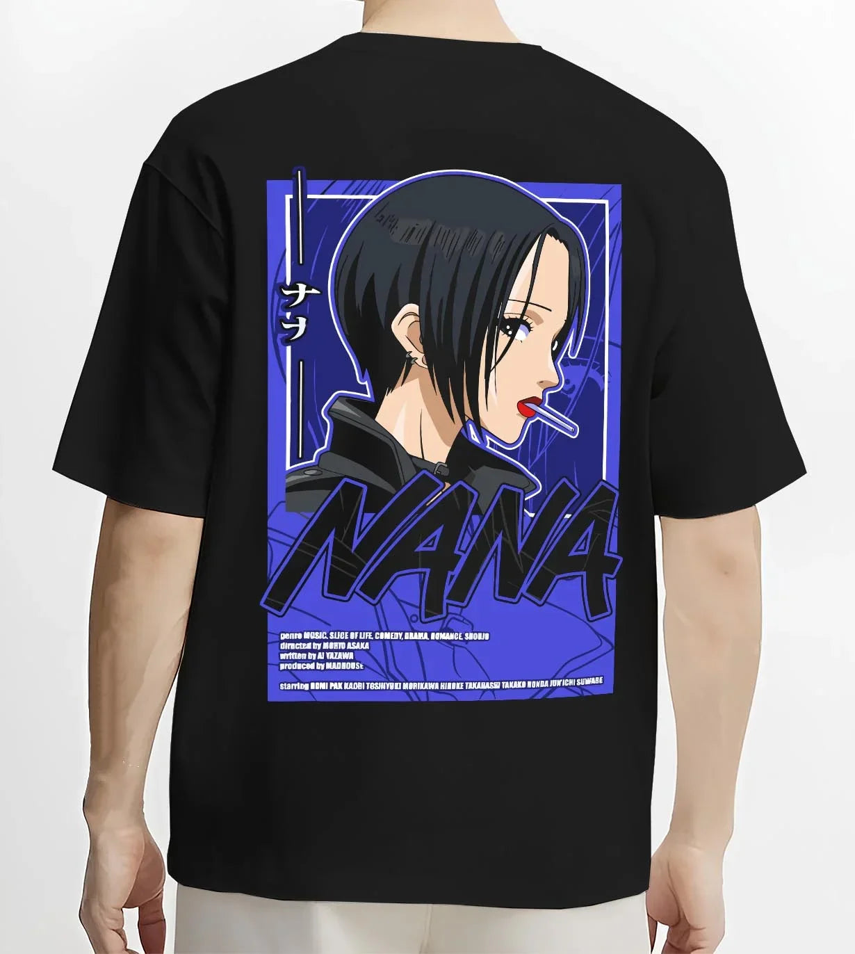 Black T-shirt worn by male model, back view with Osaragi Hoodie Oshi no Ko School Uniform graphic streetwear graphic.