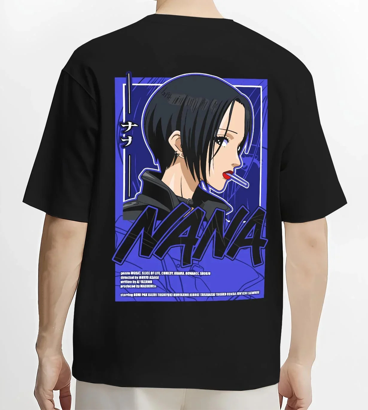 Black T-shirt worn by male model, back view with Osaragi Hoodie Oshi no Ko School Uniform graphic streetwear graphic.